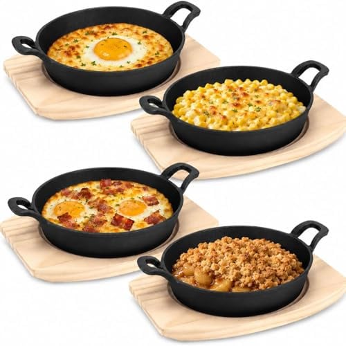 4 Stück Gusseisen-Servierpfännchen mit Holzbrett, Servierschale 12 cm