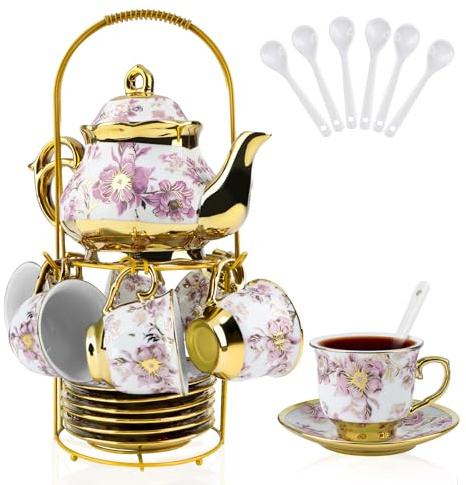 Hebaogugu 20 Pcs Porcelain Tea Set for Adults, 700 ml Purple European Tea Set with Teapot for Afternoon Tea & Party, Floral Tea Cup Saucers Set with Metal Holders