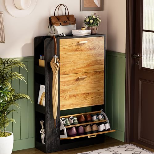 Schuhschrank mit 3 Klappen & Seitlich Offenes Gestell 3 Lagen, Schmaler Schuhaufbewahrung mit Griffen,Schuhkommode mit Verstellbaren Trennwände für Türen,Flur & Wohnzimmer (73.5x118x24cm, Schwarz)