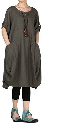 Vogstyle Damen Rundhals Kurzarm Casual Tunika Tops Mit Taschen Dunkelgrün XL