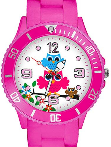 Taffstyle Kinder Armbanduhr Silikon Sportuhr Bunte Sport Uhr mit Blumen Eulen Familie Motiv Analog Quartz Little 34 mm Pink