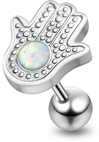Monster Piercing Weißer Opal Stein mit Hamsa oder Fatima Hand 316L chirurgischer Stahl Knorpel Helix Tragus Piercing