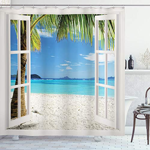 ABAKUHAUS Tropisch Duschvorhang, Tropical Beach Palmen, Stoffliches Gewebe Badezimmerdekorationsset mit Haken, 175 x 220 cm, Grün Weiß Blau