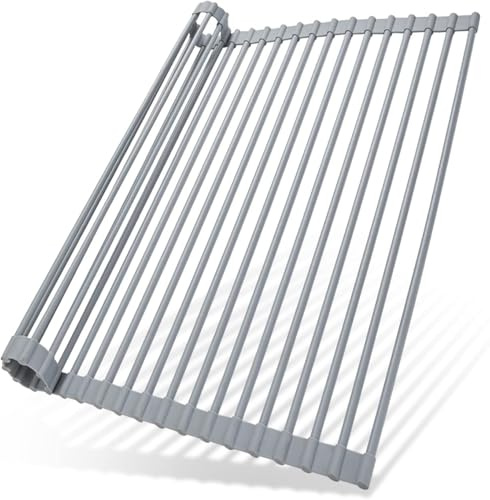 Ohuhu Over Sink Dish Drying Rack, Silicone Wrapped 17.6 W x 15.4 L Large Over The Sink Roll Up Dish Drainer - Foldable Sink Drying Rack Rolling Drain Mats Anti-Slip Multipurpose for Kitchen Counter