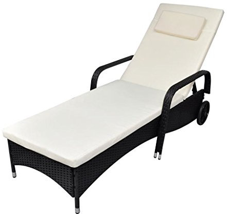 yorten Sonnenliege Rattanliege Camping Gartenliege mit Polster & Rollen Relaxliege aus Poly-Rattan 198 x 66 x (30-98) cm für Garten oder Terrasse (Schwarz)