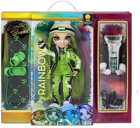Rainbow High 574781EUC Winter Break Jade Hunter-Grüne Modepuppe mit 2 Outfits, Skiausrüstung und Puppenständer-Snowboard, Schlittschuhe, Accessoires und mehr-Sammelpuppe für Kinder ab 6 Jahren