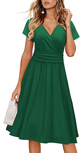 OUGES Damen Sommerkleid Kurzarm V-Ausschnitt Knielang Midi Kleid mit Taschen(Grün, L)