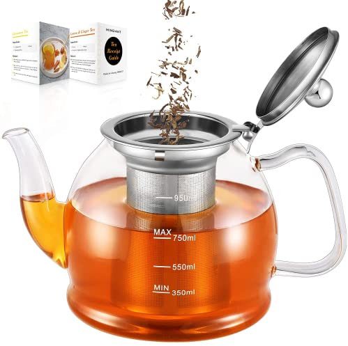 MINO ANT 1000 ml Glass Teapot, Teapot with Infuser, for Blooming Tea, Loose Flowering Tea Pot, Scale line Borosilicate Brewer Guide, 3-5 Cups, Transparent