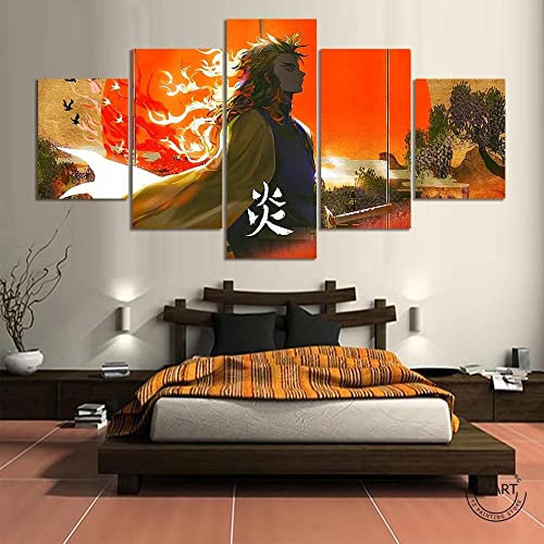 Leinwanddrucke Modulare Wandkunst Wandaufkleber 5 Teiliges Wandbild Druck auf Leinwand Malerei Moderne Abstrakte Poster Mit Rahmen L/150cm×80cm Kyojuro Rengoku Hashira,Demon Slayer,Kimetsu No Yaiba