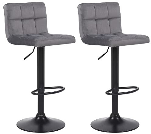 CLP 2er Set Barhocker Feni Samt, höhenverstellbar mit Fußstütze, Lehne & Metallgestell, belastbar bis 150 kg, Farbe:grau
