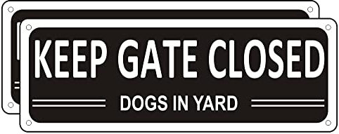 i-CowFun (2 Pack) Keep Gate Closed Signs, Dogs in Yard, 10 x 3.5, Aluminum, Black, Practical, Functional