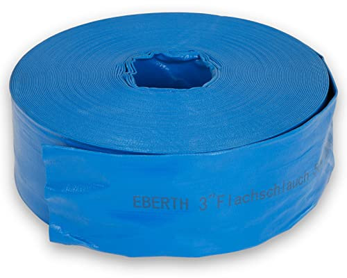 EBERTH 3 manguera plana de jardín para bombas en 50m de longitud, 3 pulgadas, 76mm de diámetro, flexible, PVC resistente, manguera industrial, manguera de agua para riego, en azul