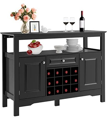 GOPLUS Buffet de Cuisine avec Porte-Bouteille Amovible pour 12 Bouteilles, Tiroir, 2 Placards, pour Cuisine et Salon, 116 x 40 x 82 CM, Noir