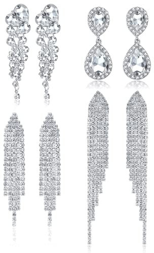 Diamday 4 Paar Ohrclips ohne Ohrlöcher Kristall, Strass-Quasten-Ohrringe, Engelsflügel, funkelnde Ohrringe für Bräute, Brautjungfern, Hochzeit, Abschlussball, Schmuck, nicht durchbohrt