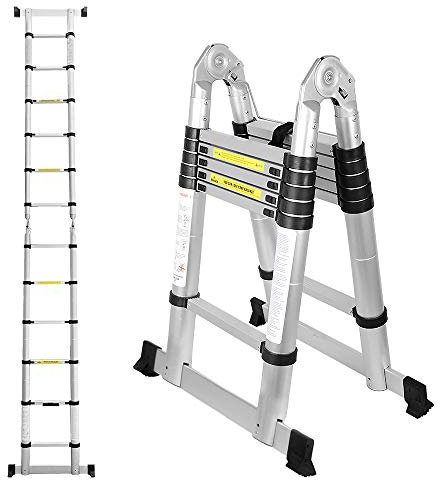 Tubiaz 3.8M(1.9+1.9M) Teleskopleiter, Alu-Klappleiter, Tragbare Ausziehbare Leiter 150 kg Belastbarkeit Leiter für Garten Innen Außenbereich