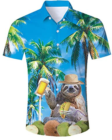 Hawaiihemd Herren Funky Faultier Bier Hawaii Hemd Button Down Lustig Hemd Bunt Männer Kurzarm Aloha Sommerhemd Freizeithemd für Strandurlaub Blau XXL