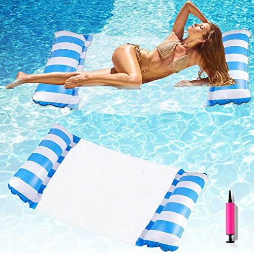 Warmfay Aufblasbare Wasserhängematte, 4 in 1 Luftmatratze Pool mit Luftpumpe, Schwimmbett Pool mit Netz, Zusammenklappbar Aufblasbares Wasserschwimmer Hängematte für Erwachsene und Kinder (Blau)