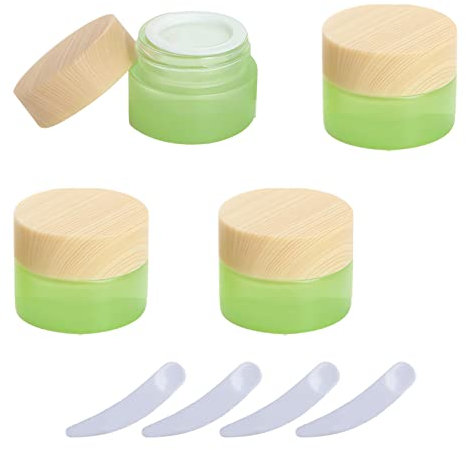LusDoly 4 pièces 5 g Mat Vert Pots en Verre, 5ml couvercle grain de bois Cosmétiques en Voyage récipient Lotion Crème onguents Masque facial Pots DIY