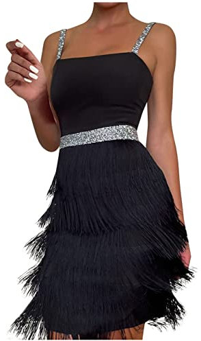 1921er Fransenkleid mit Träger Sexy Schulterfrei Partykleid Elegant Einfarbige Lateinisches Tanzkleid ärmellos Quadratischer Kragen Quastenkleid Knielang Cocktailkleid Wickelkleider