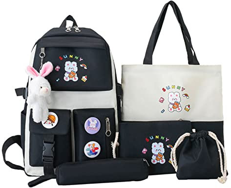 Myyunhx Schulmädchen Rucksack Set - 5-Teilig Mit Leinwand Kawaii Design, Plüsch Kaninchenanhänger, Cartoon Aufkleber für Teen Mädchen (Schwarz)