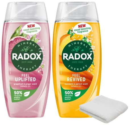 Radox Shower Gel Bundle - Mandarin & Apricot, Grapefruit & Ginger - Zesty and Energizing Scents for a Refreshing Shower Experience with Wash Cloth