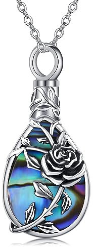 Midir&Etain Ashes Necklace 925 Sterling Silver Rose Flower Abalone Shell Urn Necklace for Ashes Teardrop Pendant Keepsake Cremation Jewellery Memorial Gifts for Women Grandma