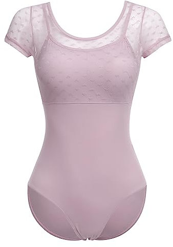 FYMNSI Damen Ballettanzug Ballettbody Sport Yoga Tanz Body Gymnastikanzug Trikot Kurzarm Bodysuit Mesh Einteiler Turnanzug Leotards Overall Oberteile Tops Elegant Ballett Bekleidung Violett S