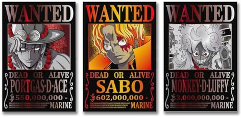 Anime One Piece Wanted Poster Luffy Ace Sabo, Heimdekoration, Poster, Wandkunst, zum Aufhängen, dekorativer Gemälde, Poster, 60 x 90 cm