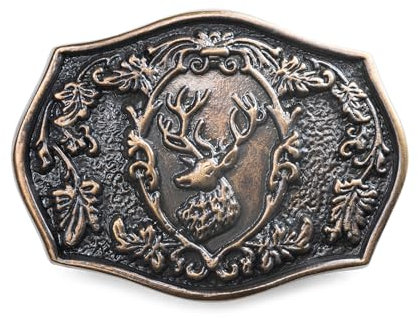 Schöneberger Trachten Couture Gürtelschnalle Hirsch & Wappen, Wechselschließe für 40mm Gürtel - Lederhosen Trachtenschnalle Bayern für Trachtengürtel (Rothirsch/Kupfer)