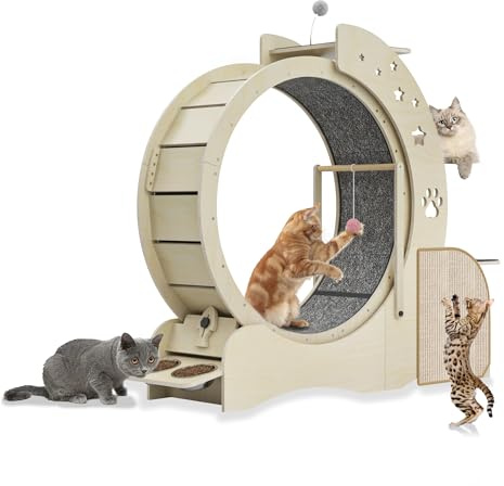 Auveach 5 in 1 Katzenrad aus Holz, multifunktional, feststellbar, Laufrad für Katzen, 3 Stufen, mit 2 Schüsseln, interaktives Spielzeug für Katzen