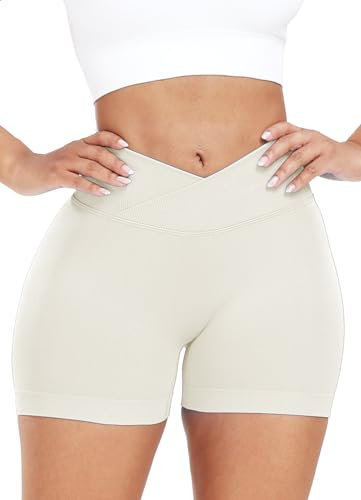 RIOJOY V Cross Gym Shorts Damen Scrunch Butt Booty Shorts Sport Workout Kurze Leggings Beige M