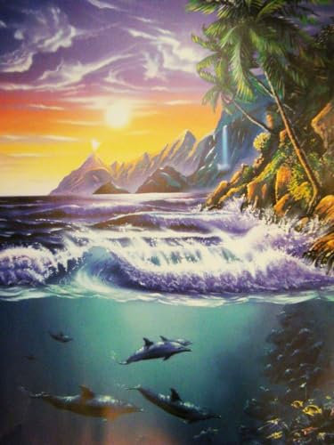Schwarzlicht Poster | Pacific Dream | 64x90cm | ungerahmt | Kunstdruck | Fantasy | Wandbild | Wandposter | Meer | Delphine