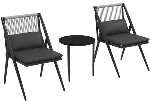 Outsunny Salon de Jardin bistrot, Ensemble bistrot de Jardin 3 pièces 2 fauteuils avec Coussins + Table Basse Ronde Plateau Verre trempé Cadre en Aluminium Gris