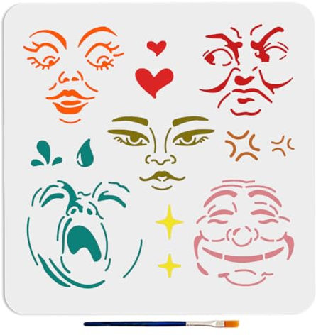 MAYJOYDIY Gesichtsausdrücke Schablone 30×30cm Gesichtsmuster Malschablonen Emotionale Gesichtszüge Vorlage Zum Malen Mit Pinsel Für Kunsthandwerk Fenster Holz Leinwand Stoff Wand Möbeldekor