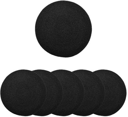 Encasa XO Tovagliette da Tavola Set di 6 | Tovagliette Rotonde in Cotone - Diametro 33 cm | Nero | Stile a Coste Fatto a Mano