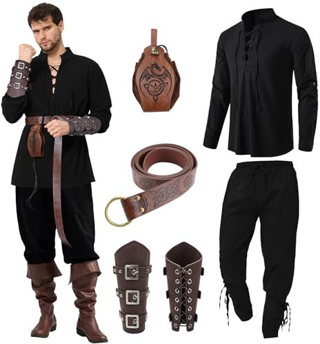 Ulikey Mittelalter Kleidung Herren, Karneval Herren Renaissance Kostüm Set mit Mittelalterliches Piratenhemd, Mittelalter Hose Viking Kostüm, Gürtel, Handgelenkschützer für Faschingskostüme(Schwarz,M)