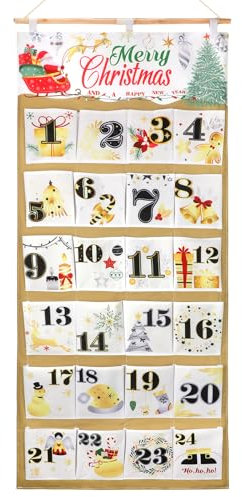 HOWAF Adventskalender 2025 zum Befüllen Stoff, Weihnachtskalender 128 x 58 cm Wiederverwendbar mit 24 Taschen, Adventskalender zum Aufhängen Wand für Weihnachtsdeko, B