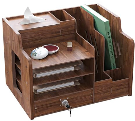 Hggzeg Organizador de escritorio de madera, gran capacidad, organizador de archivos y documentos A4, caja de almacenamiento de suministros