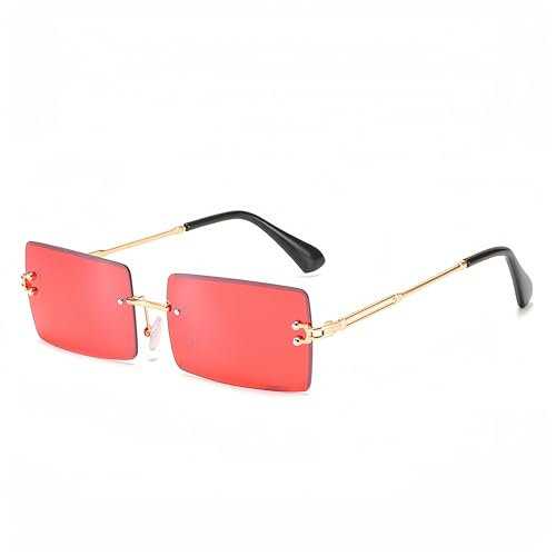 WDZAYXC Rectangular Rimless Frames Retro Fashion Sunglasses for Women and Men,Tinted Lenses, UV400 Protection, Red, One Size