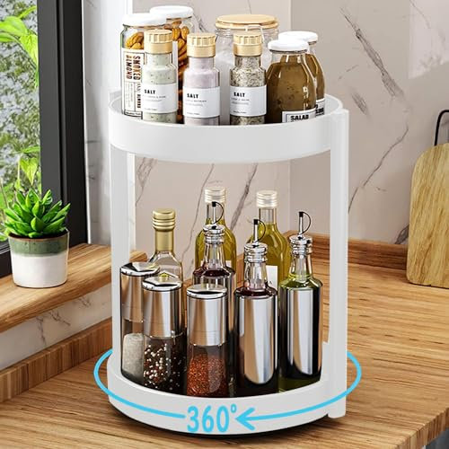 devesanter Drehteller Organizer, 2 Etagen 360°Metall Stahl Gewürzregal Drehbar,Multifunktionales Gewürzregal, Drehbare Gewürzregale für Küche Badezimmer Kosmetik Organzier,（26 cm, Weiß）