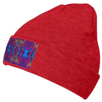 SDEGTHO Batik-Hippies-Mütze, Unisex, Winter, leicht, Strickmütze, Bündchen, weich, warm, Slouch-Beanie-Mütze, rot, Einheitsgröße