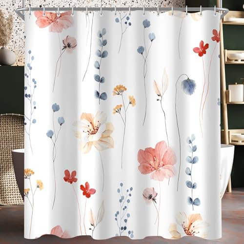 Lerores Duschvorhang 180x200 cm Koralle Blume,Beschwerter Saum Antischimmel,Wasserabweisend, Waschbar Polyester Badevorhänge mit 12 Ösen und Duschvorhangringe für Badezimmer,Badewanne
