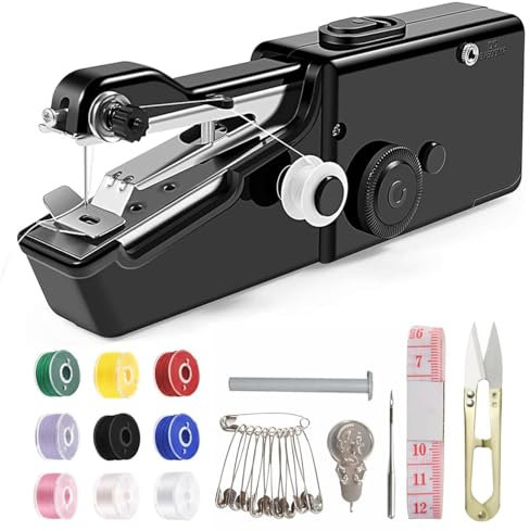 JAONLD Maquina de Coser de Mano Mini Manual Portatil,Máquina de Coser de Mano Maquina de Coser Pequeña con Kit de Costura para Bricolaje,Ropa,Tela,Cortinas,Fácil de Usar para Principiantes