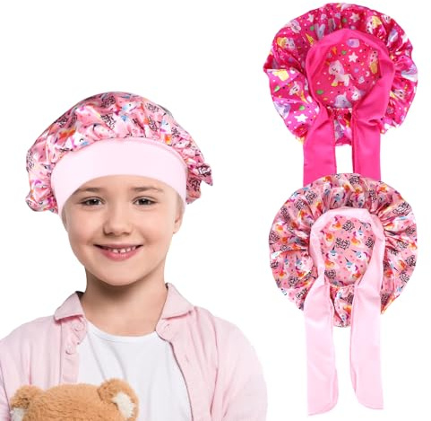 EOAMGO 2 Stück Kinder Seidenhaube zum Schlafen, Silk Bonnet Sleep Cap Kind, Einhorn Satin Haarhaube für Kleinkinder, Mädchen, Jungen (Rosa und Rosenrot)