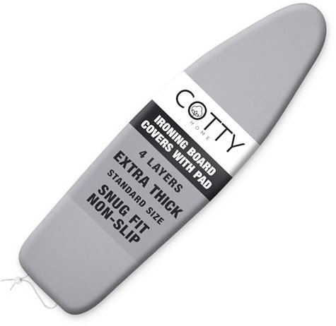 COTTY HOME 120x40 cm Extra Thick Ironing Board Covers with Pad Standard Size, Snug Fit Adjustable Drawstring Tightening with Stopper, Heat Reflective, Nose Pocket and Fastener Straps (Gray)