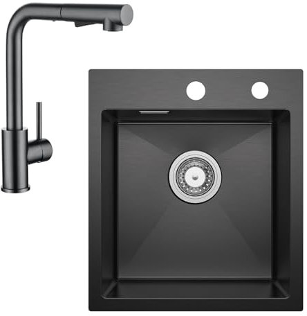 Spülbecken Edelstahl 40 X 45CM Anthrazit +Wasserhahn Küche Ausziehbar, CECIPA Küchenspüle Komplettset Eckig Einbauspüle Klein Spüle für 40 cm Unterschrank