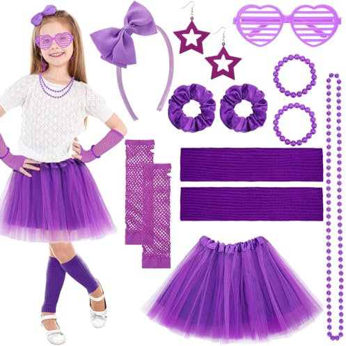 ViEinkaufen 80s Fancy Dress for Girls,Kids 90s Fancy Dress Set Kids Tutu Neon Leg Warmers Fishnet Gloves Sunglasses Earrings Necklace Headband Scrunchies Neon Party Accessories