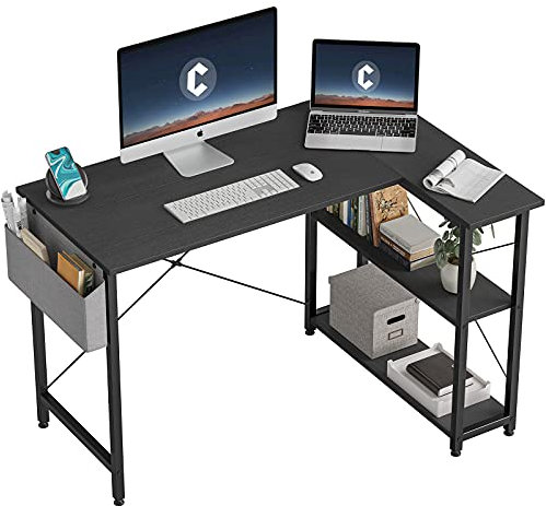 CubiCubi Umkehrbarer Computertisch Gaming Tisch,Schreibtisch mit Regalen, 100cm Kleiner L-förmiger Eckschreibtisch mit Ablagefächern, Schreibtisch für Heimbüro Kleiner Raum, schwarz