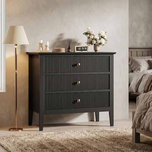 Garvee Kommode, Schwarze kommode geriffelt, kommode mit 3 schubladen 80 cm, nachttisch mit schubladen – für Schlafzimmer, Flur, Eingangsbereich