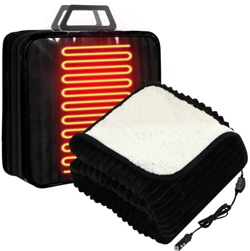 Riakrum Elektrische Heizdecke, 12 V, 147 x 109 cm, Fleece-Heizdecke mit Temperaturregler, USB-Ladegerät, Auto-Steckdosenadapter für Auto, Winter, kaltes Wetter (schwarz, gerippt)